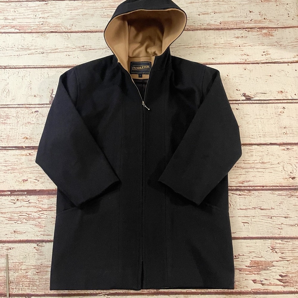 Vintage Pendleton Hooded Coat Jacket Navy 100% Merino Wool Womens Size 4 USA